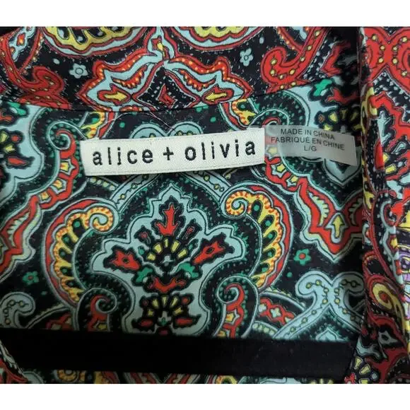 Alice + Olivia Paisley Print Silk Blouse Bow Neck Top Size Large - Picture 5 of 6